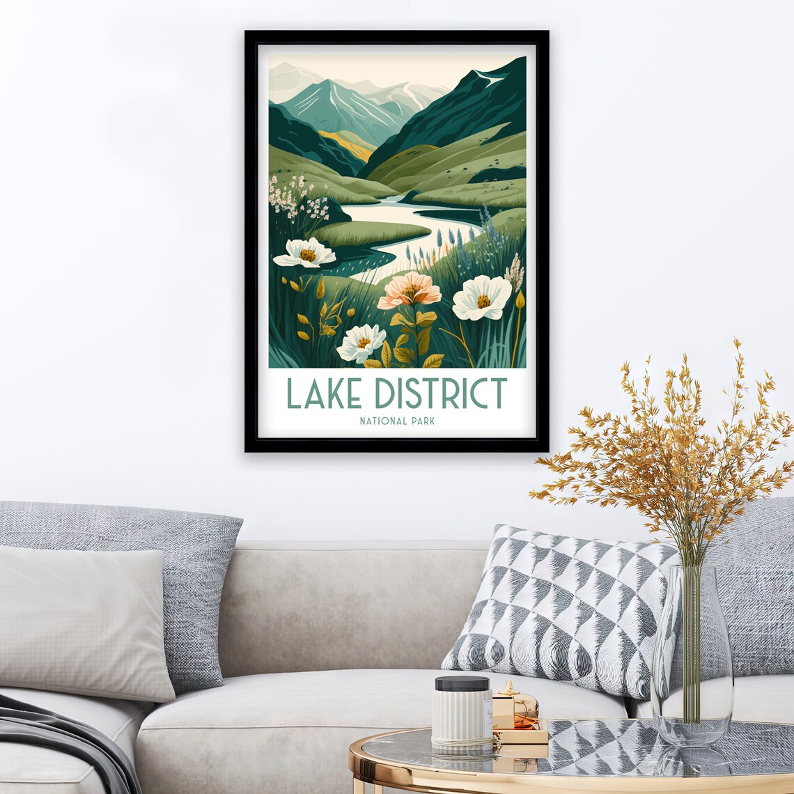 Lake District National Park Green Valley Wildflowers Stream Art Poster - Image 2