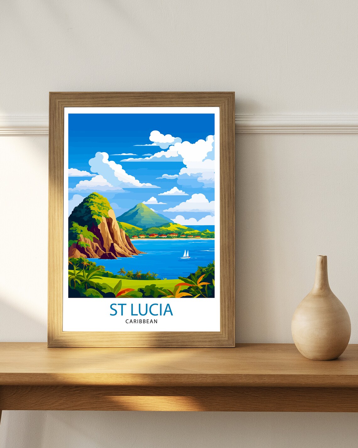 St Lucia Caribbean Tropical Twin Peaks Sailboat Bay Travel Poster - Image 3