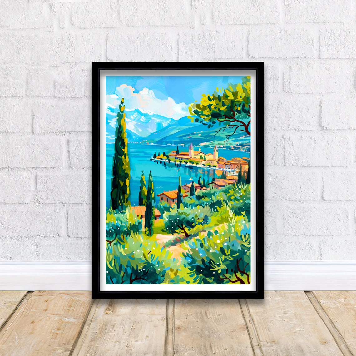 Lake Garda Italy Travel Print Blue Water Cypress Hillside View Art