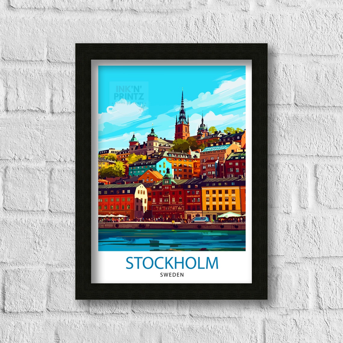Stockholm Sweden Old Town Waterfront Colorful Harbor Travel Poster - Image 3