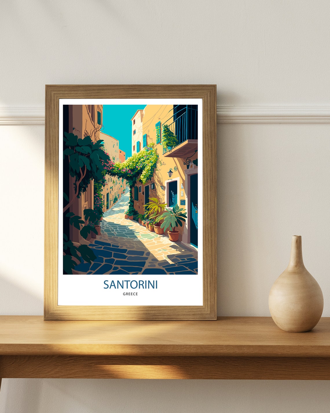 Santorini Greece Cobblestone Alley Bougainvillea Retro Travel Poster - Image 3