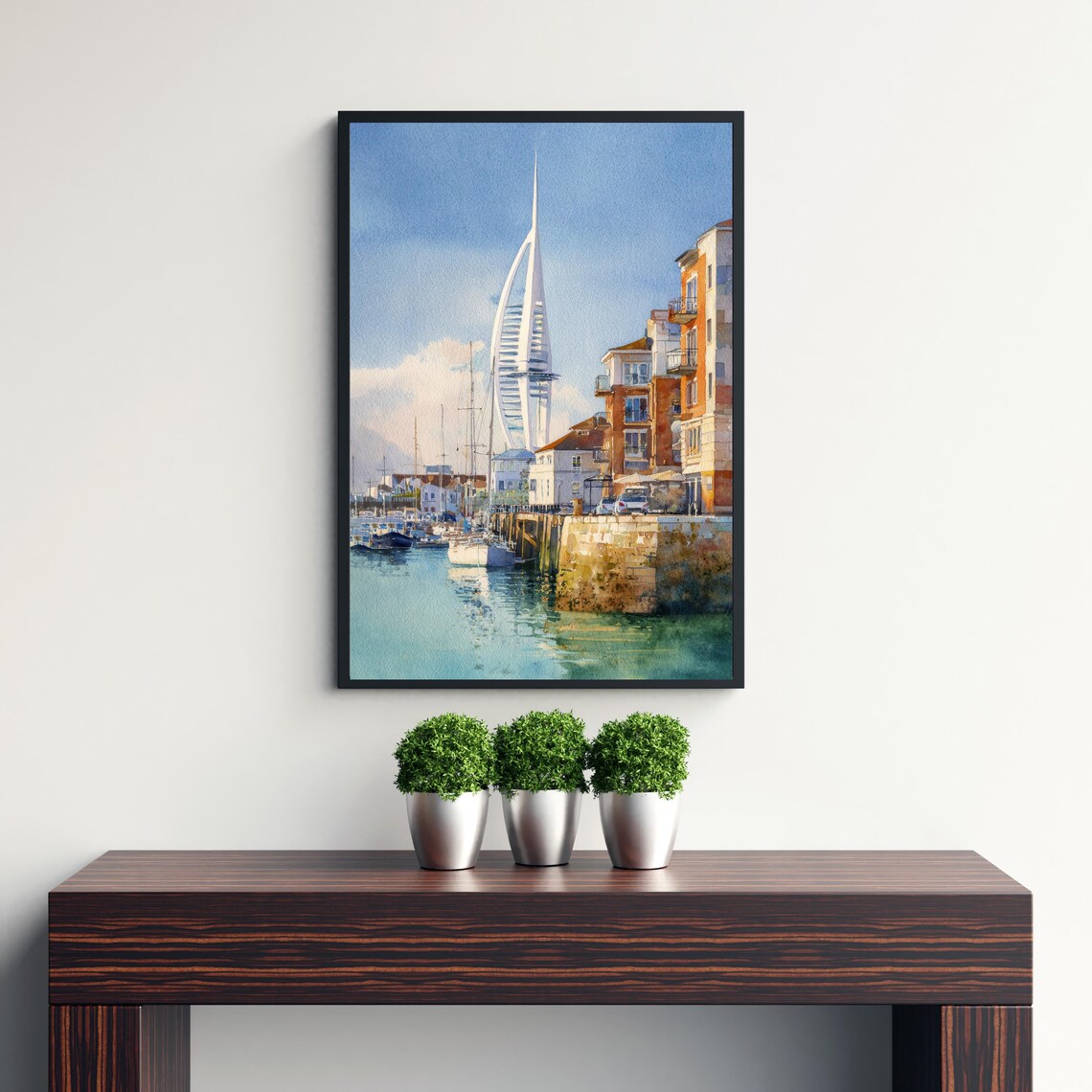 Portsmouth UK Marina Spinnaker Tower Sailboats Waterfront Watercolor Poster