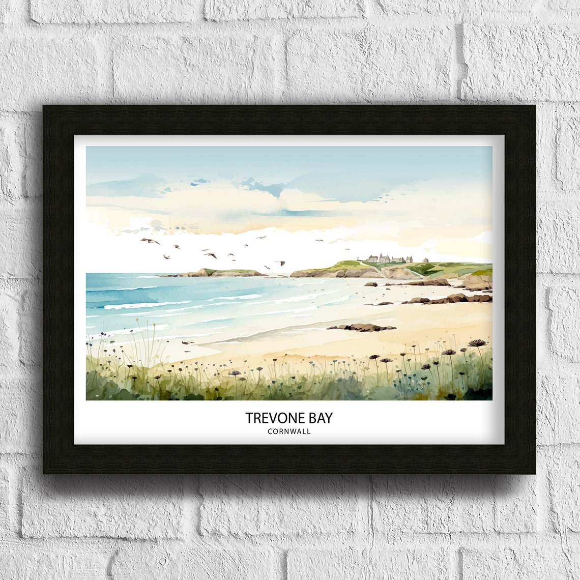 Trevone Bay Cornwall Sandy Beach Seagulls Watercolor Coastline Poster - Image 3