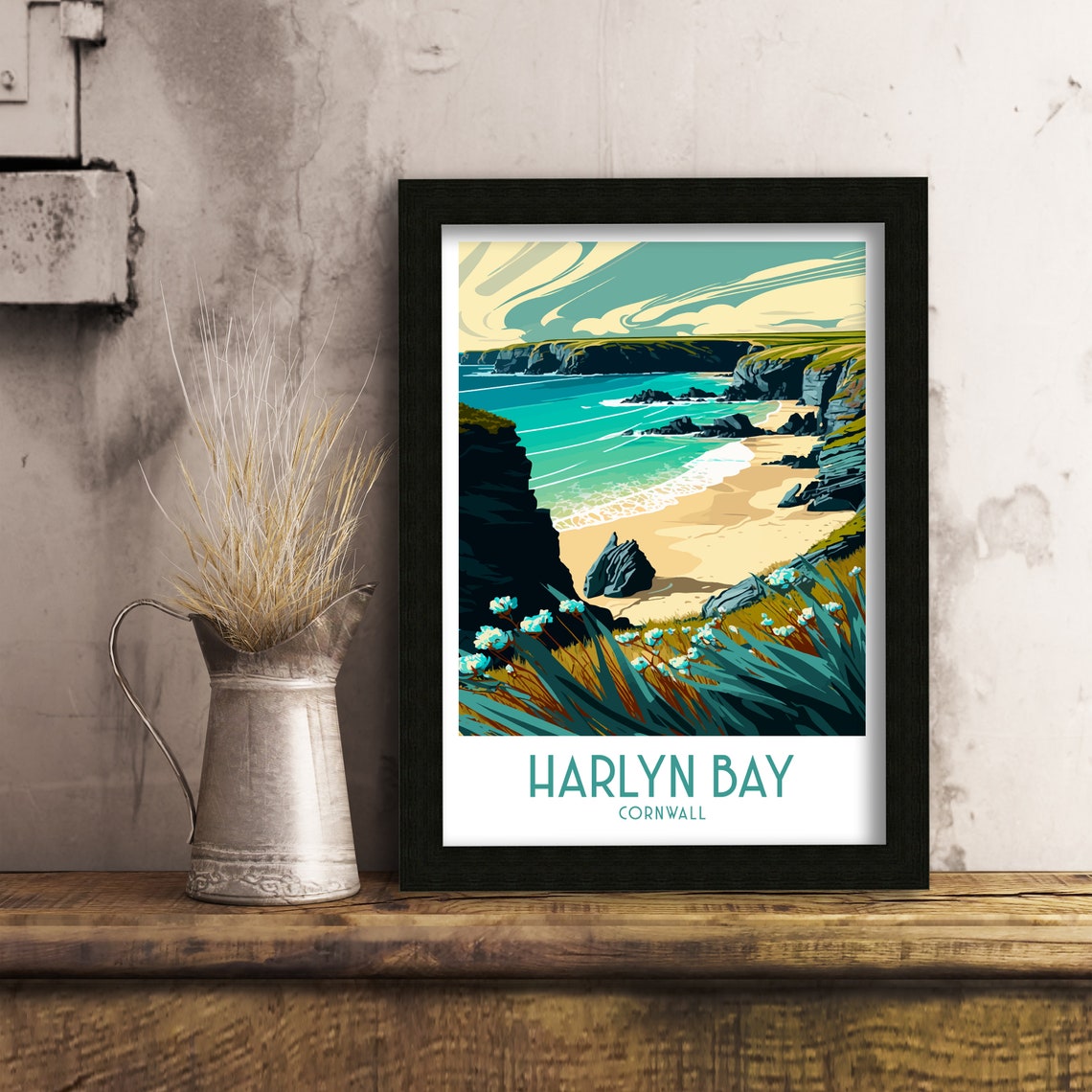 Harlyn Bay Cornwall Dramatic Cliffs Sandy Cove Travel Poster - Image 3