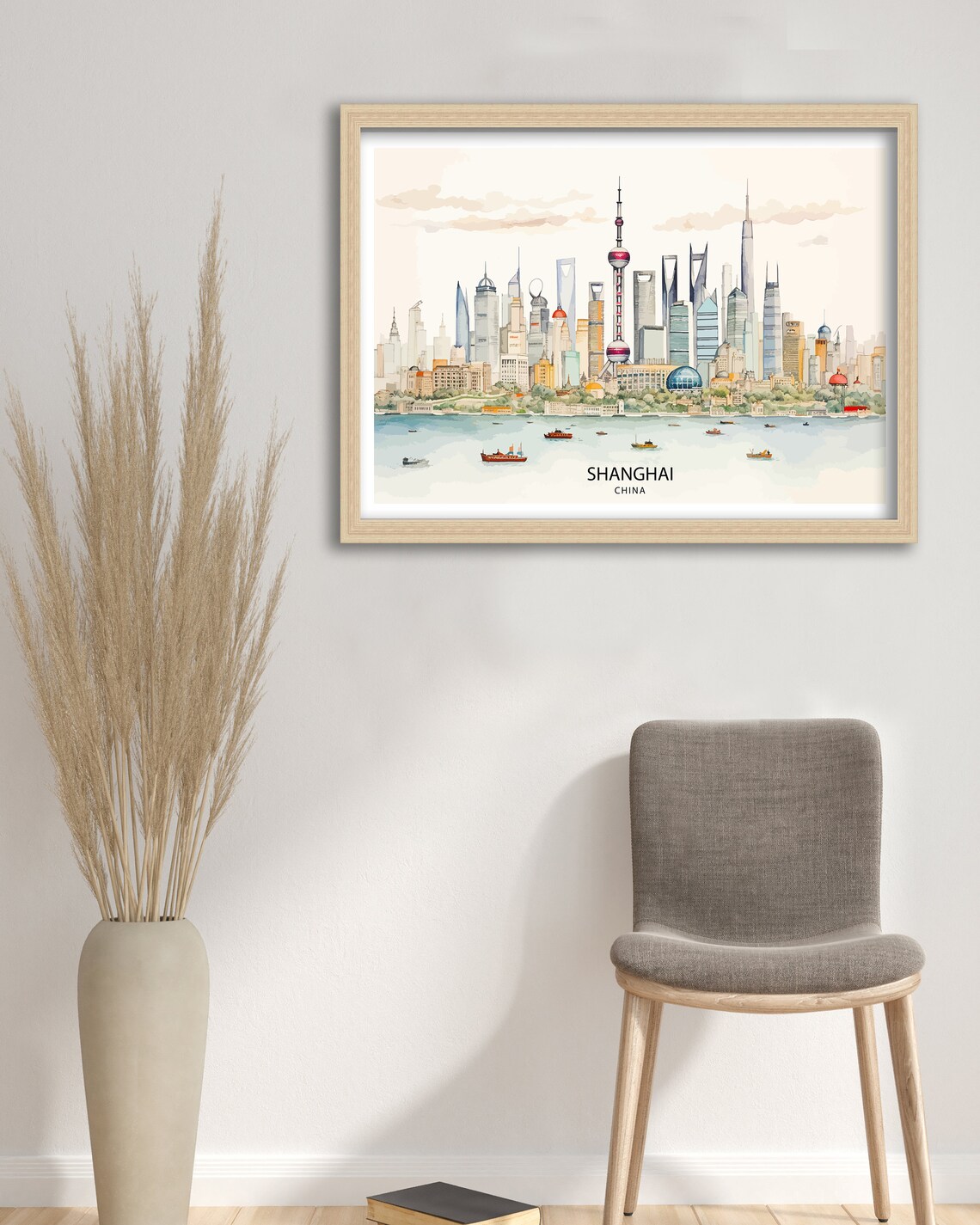 Shanghai China Watercolor Skyline River Bund Boats Cityscape Poster - Image 2