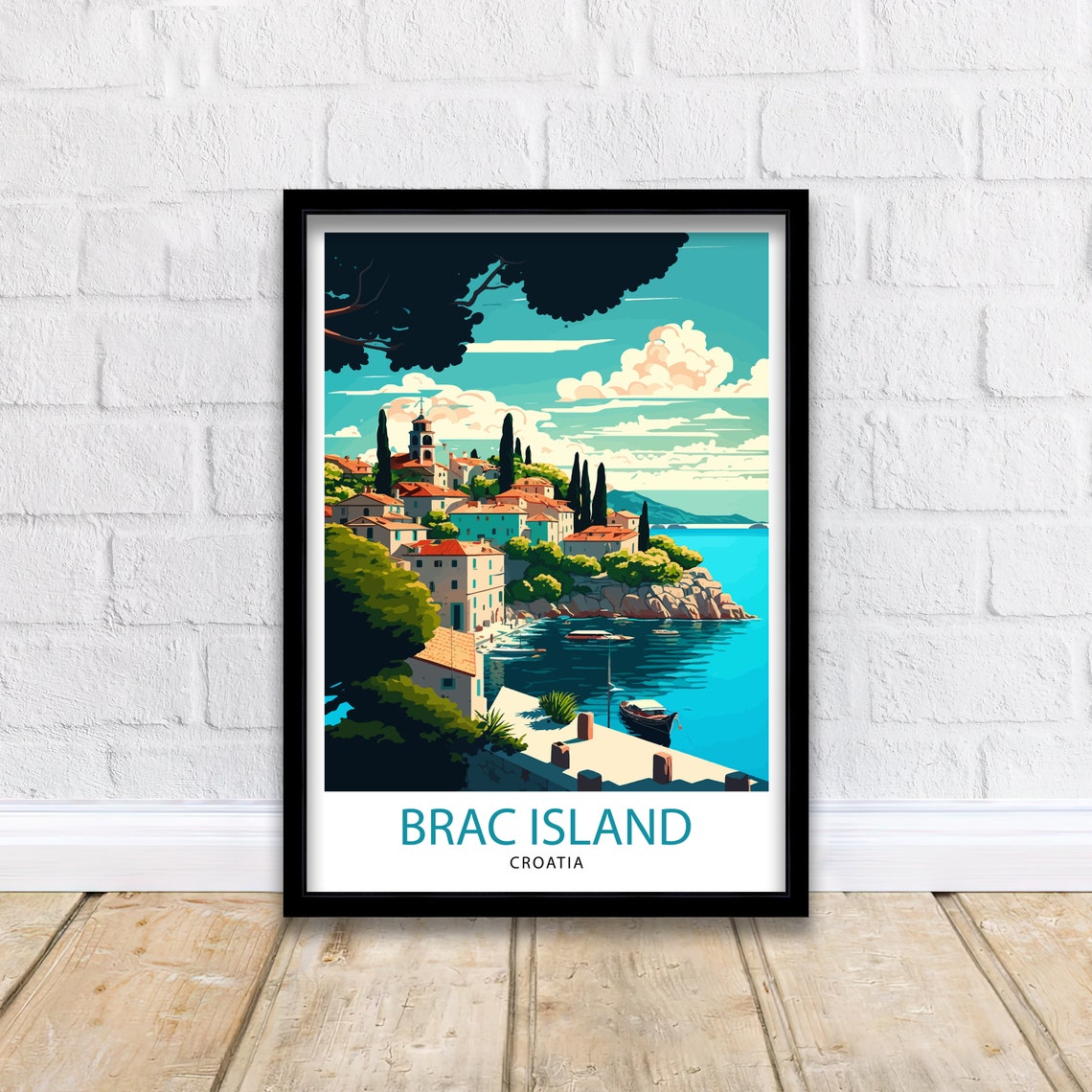 Brac Island Croatia Coastal Town Boats Cypress Retro Travel Poster - Image 2