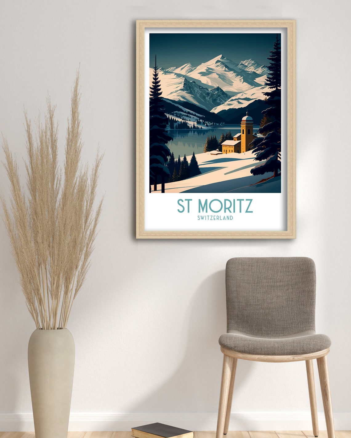 St Moritz Switzerland Snowy Peaks Alpine Chapel Night Art Poster - Image 3