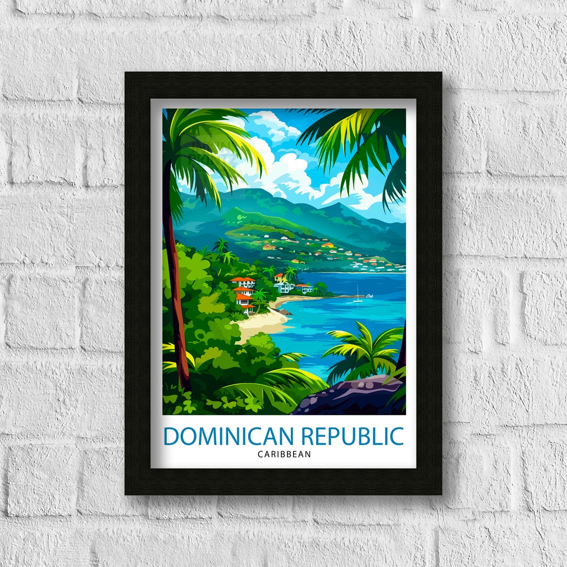 Dominican Republic Caribbean Palm Bay Mountains Beach Travel Poster - Image 3