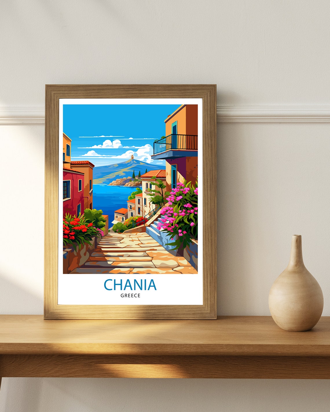 Chania Stone Steps Flowering Lane Sea View Crete Island Poster - Image 3