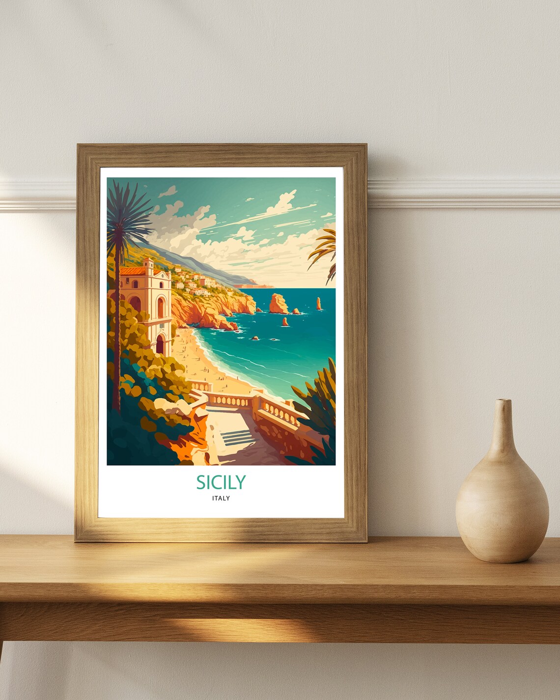 Sicily Italy Golden Coastal Cliffs Old Town Vintage Travel Poster - Image 2