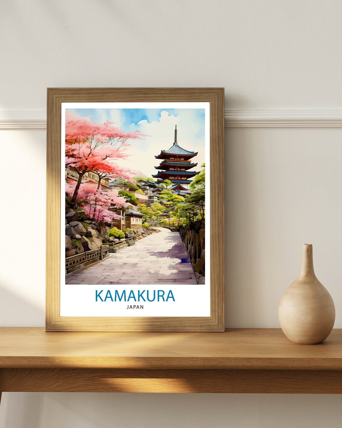Kamakura Japan Stone Pagoda Cherry Blossom Lane Watercolor Poster - Image 3