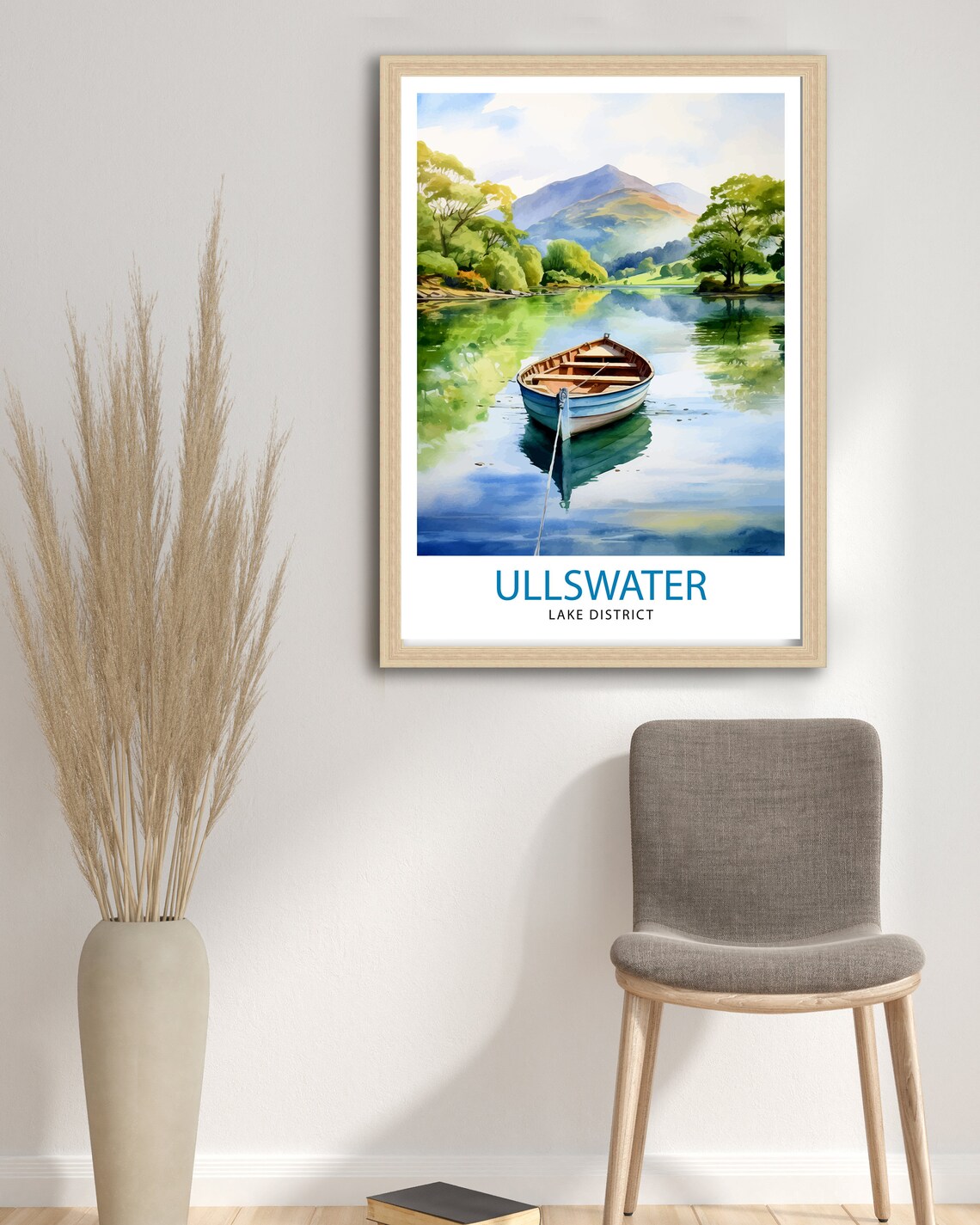 Ullswater Lake District Rowing Boat Calm Water Watercolor Poster - Image 3