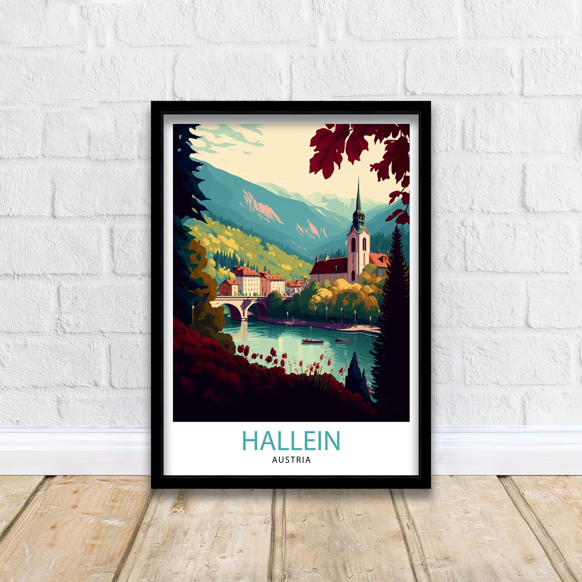 Hallein Austria Riverside Town Church Bridge Vintage Travel Poster - Image 2