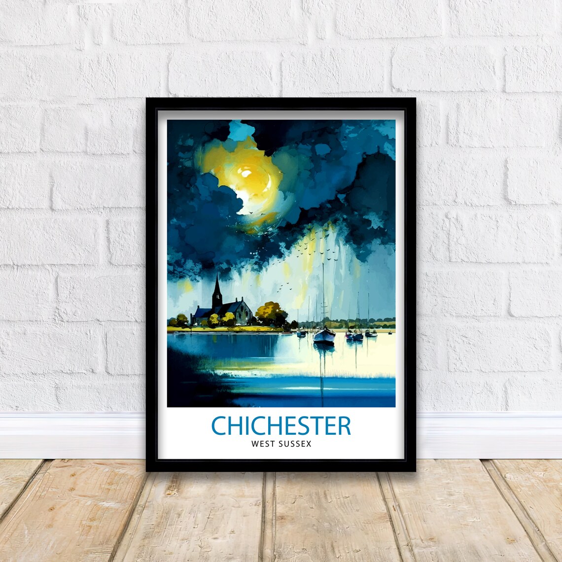 Chichester West Sussex Moody Watercolor Harbour Dusk Art Poster - Image 2