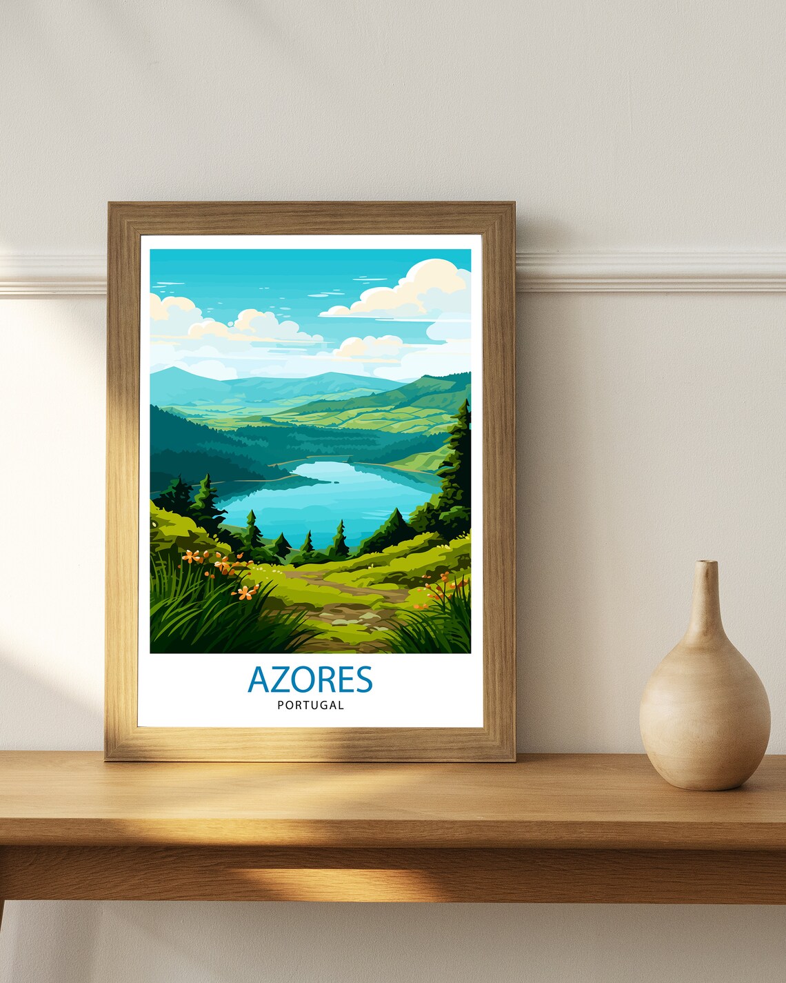 Azores Portugal Green Volcanic Lake Wildflowers Valley Scenic Poster - Image 3