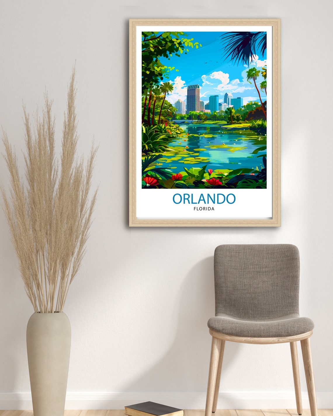 Orlando Florida Skyline Lily Pond Palms Tropical City Poster - Image 2
