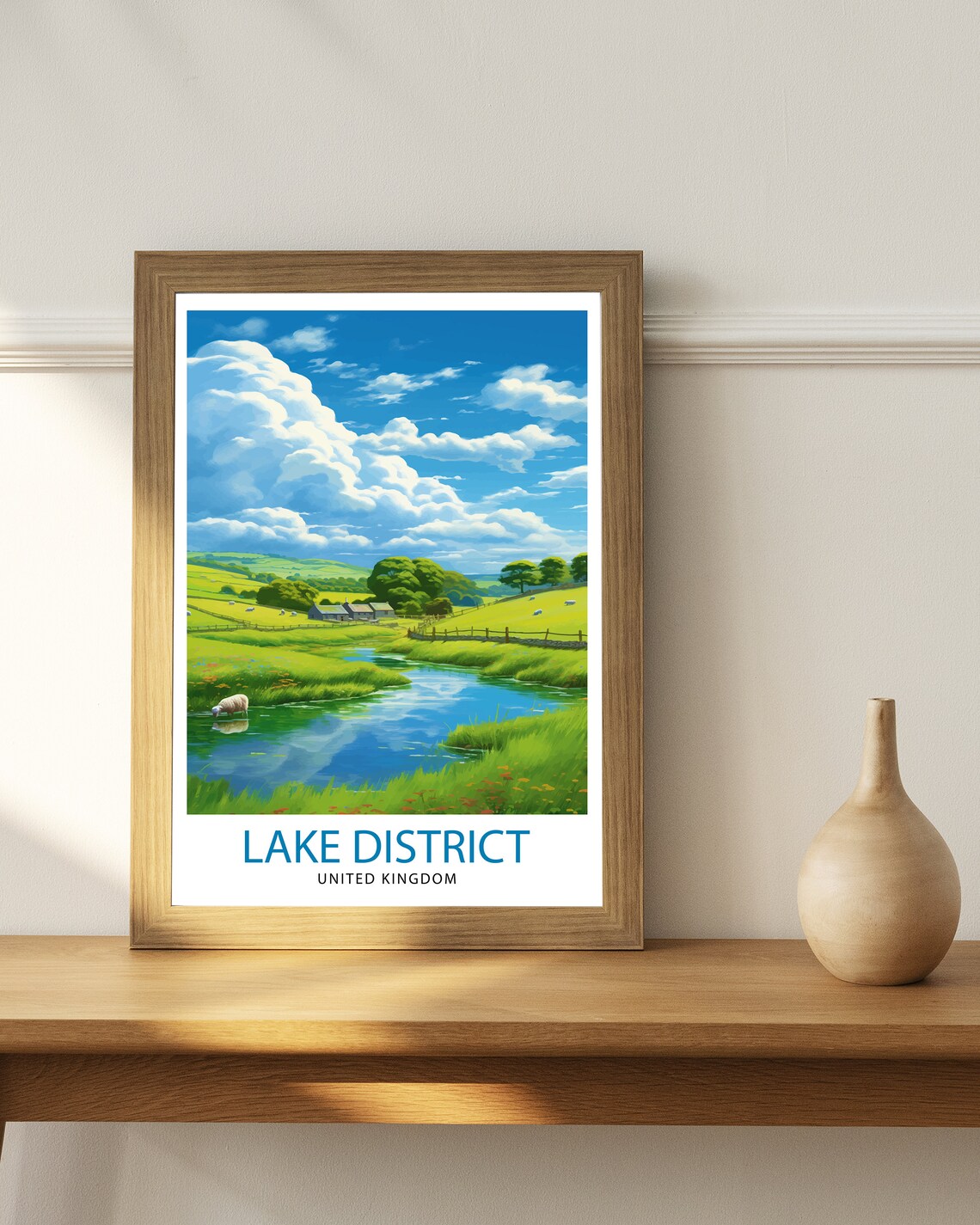 Lake District United Kingdom Green Stream Sheep Pasture Travel Poster - Image 3