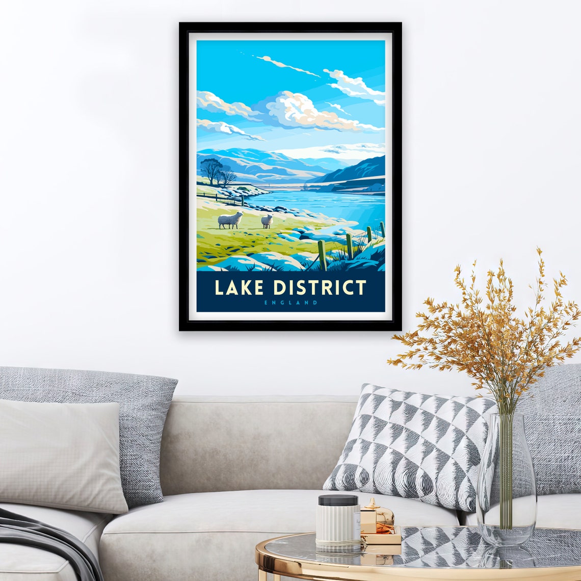 Lake District England Winter Sheep Snowy Lakeshore Travel Poster - Image 2