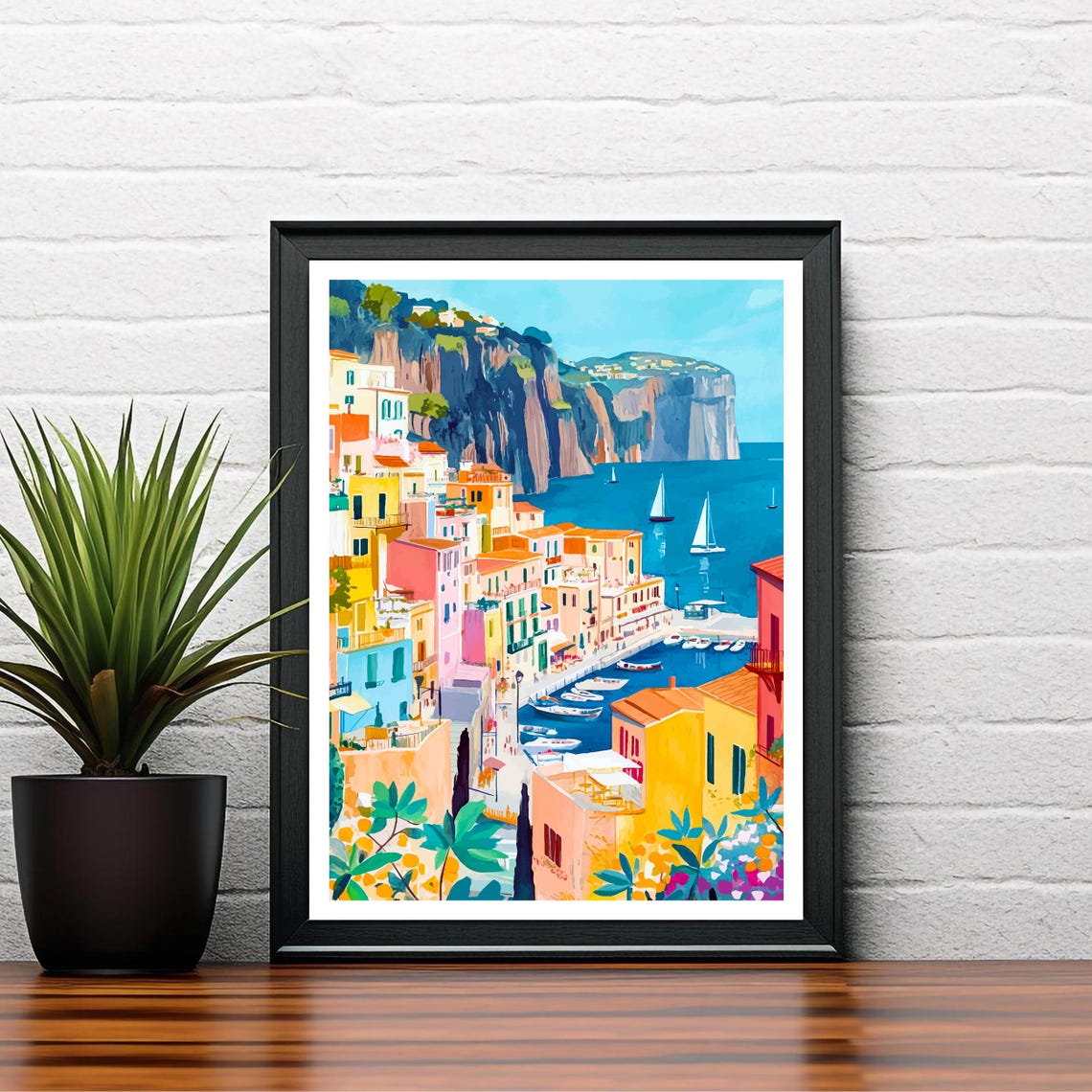 Sorrento Italy Cliffside Colorful Town Sailboats Coast Art Poster - Image 2