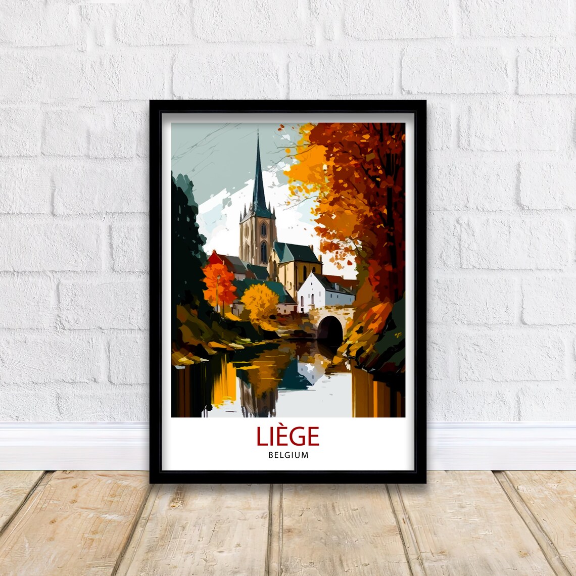 Liege Belgium Autumn Church River Vintage Travel Poster Old Town - Image 2