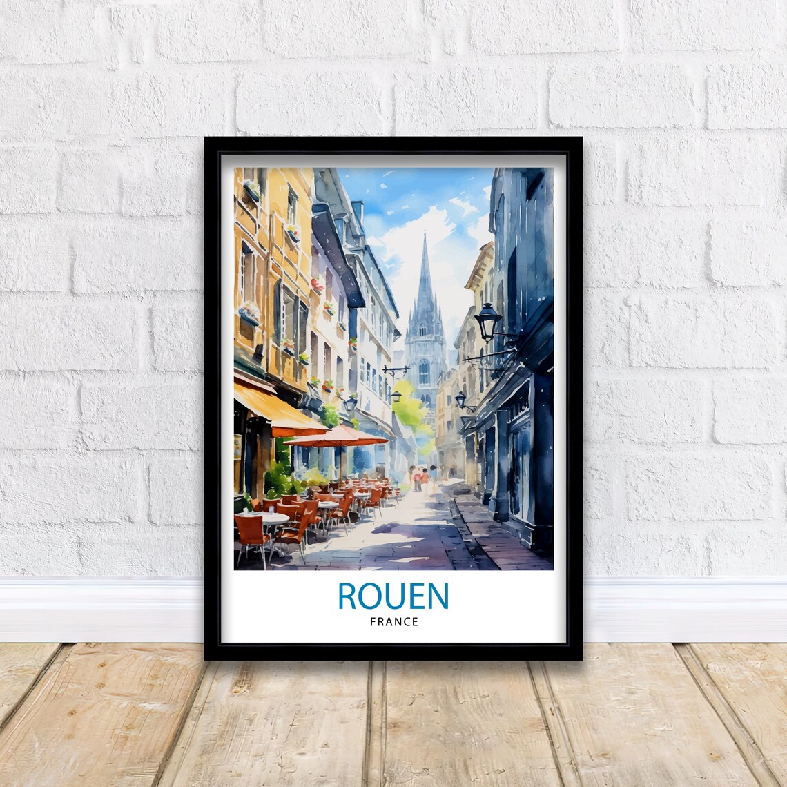 Rouen France Watercolor Old Street Cathedral Spire Scene Poster - Image 2