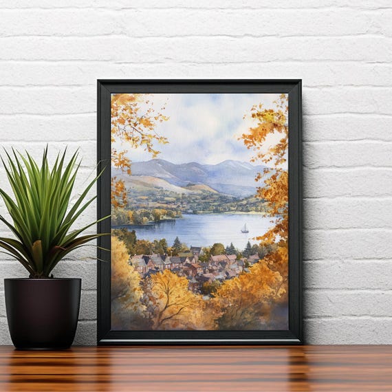 Keswick Lake District Watercolour Painting Derwentwater Art Print Scenic Decor