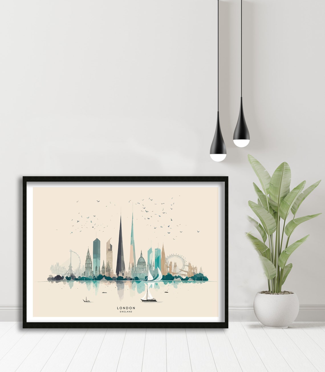 London England Minimalist Watercolor Skyline Thames River Wide Poster - Image 2