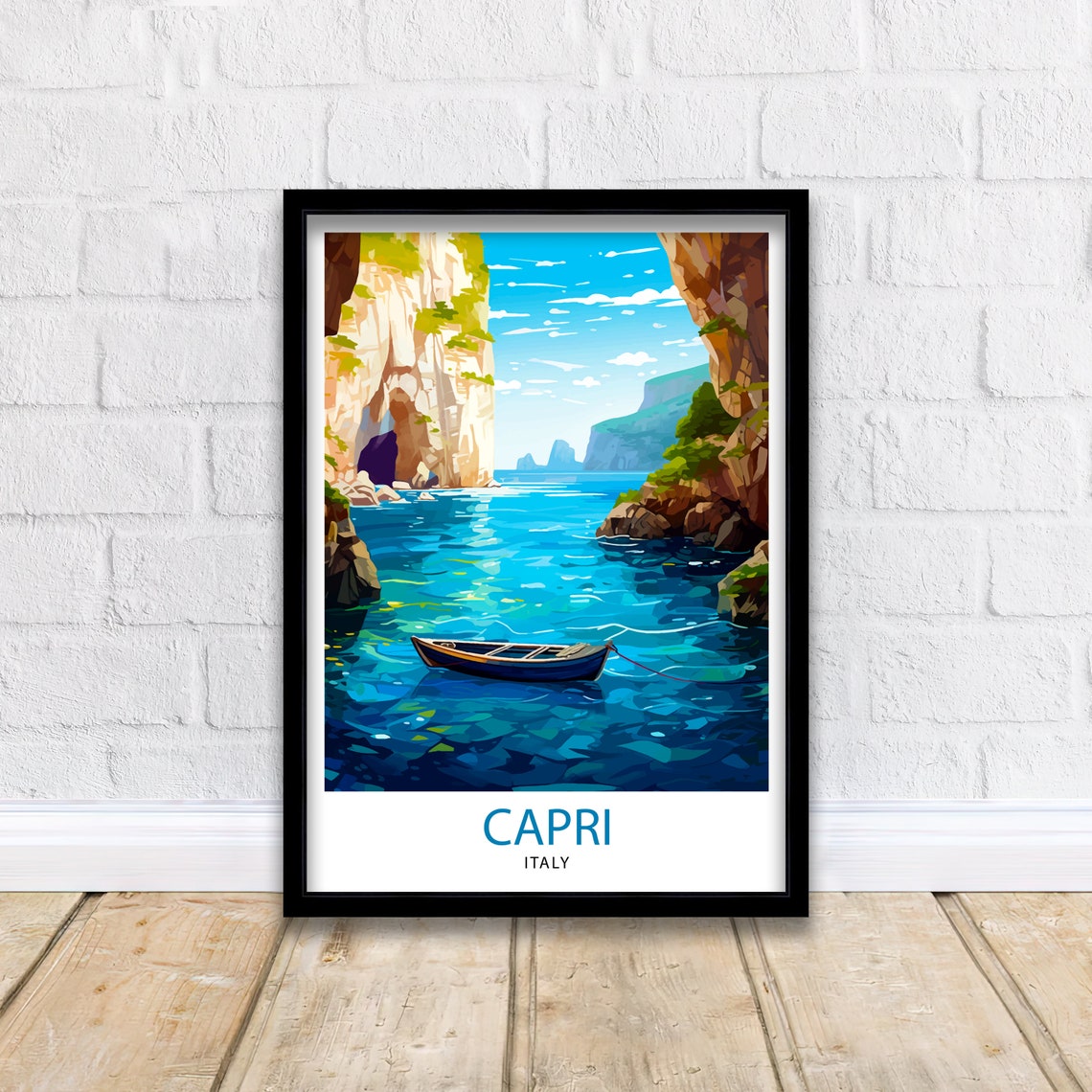 Capri Italy Blue Sea Grotto Cliffs Wooden Rowboat Art Poster - Image 2
