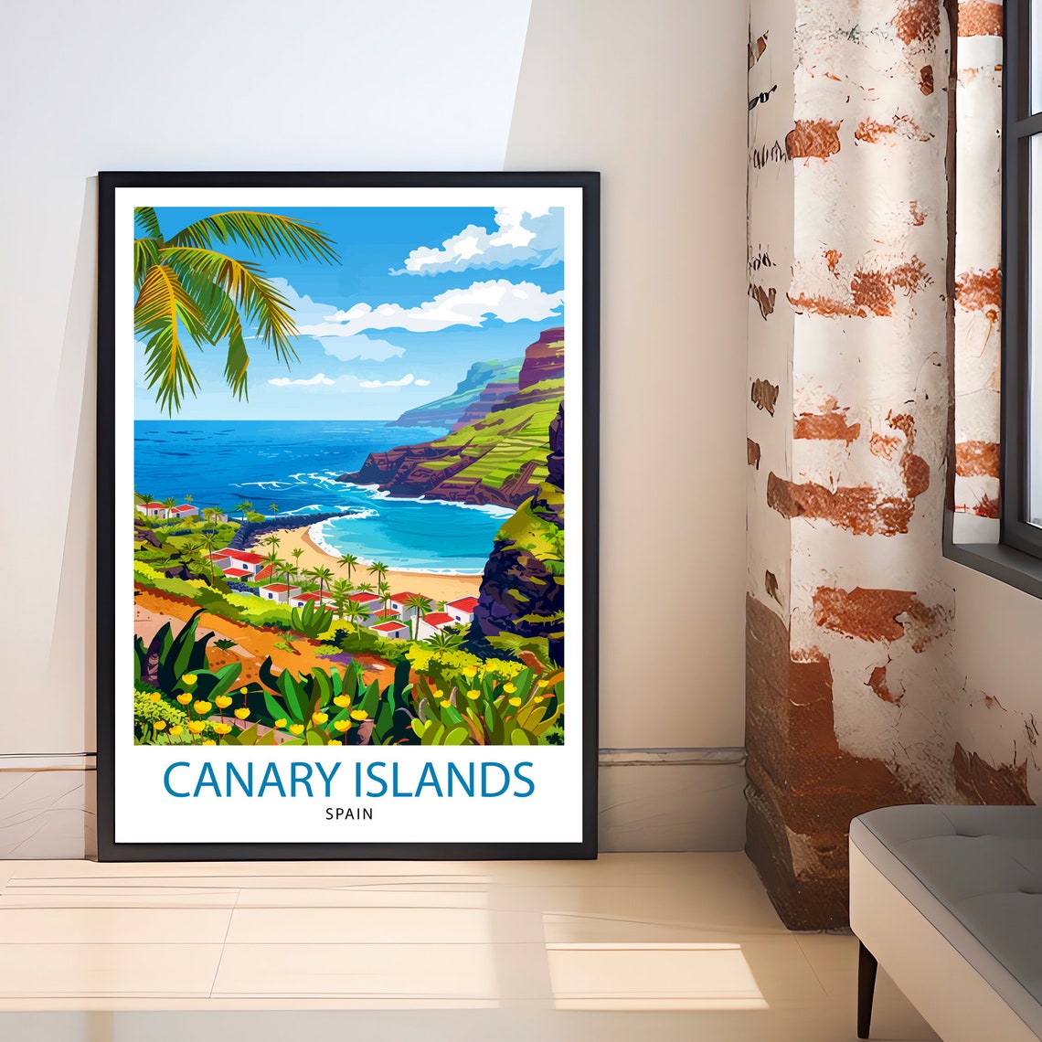 Canary Islands Spain Beach Bay Cliffs Palm Coast Travel Poster - Image 3