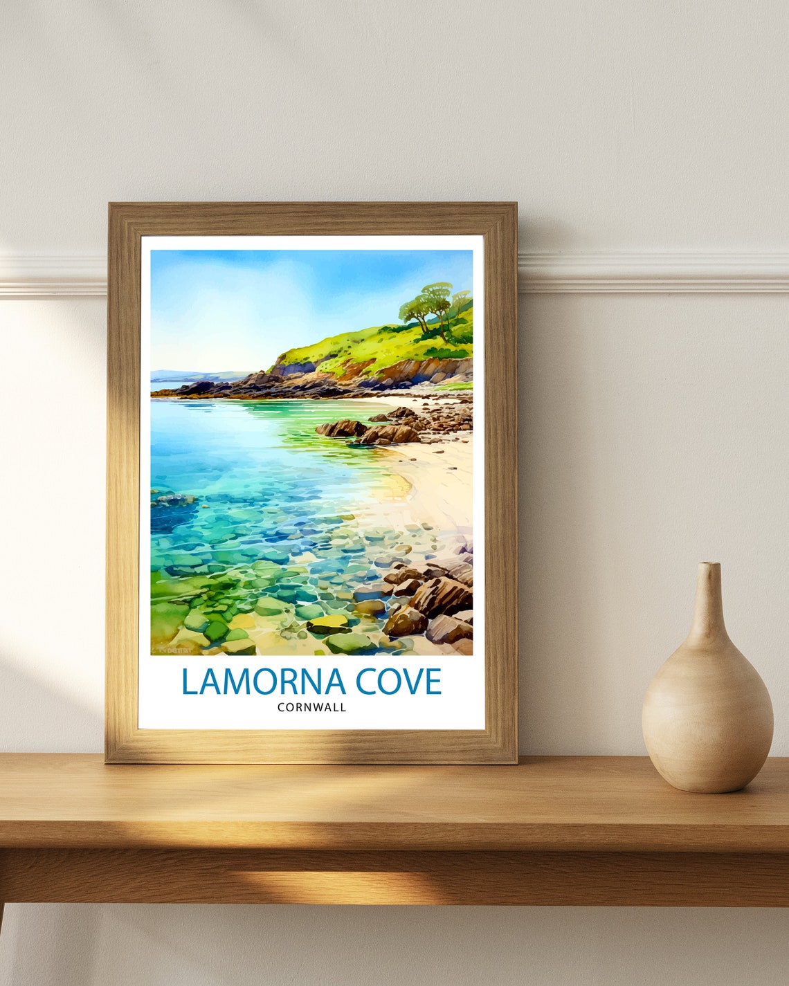 Lamorna Cove Cornwall Watercolor Clear Water Rocky Beach Art Print - Image 3