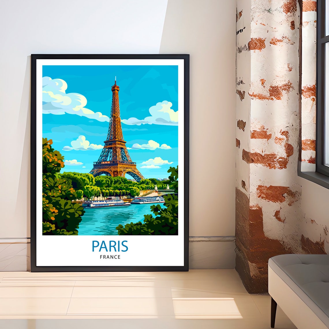 Paris France Eiffel Tower Seine River Boats Cityscape Art Poster - Image 2