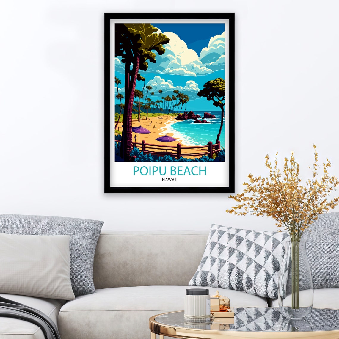 Poipu Beach Hawaii Palm Trees Umbrellas Ocean Vintage Travel Poster - Image 2