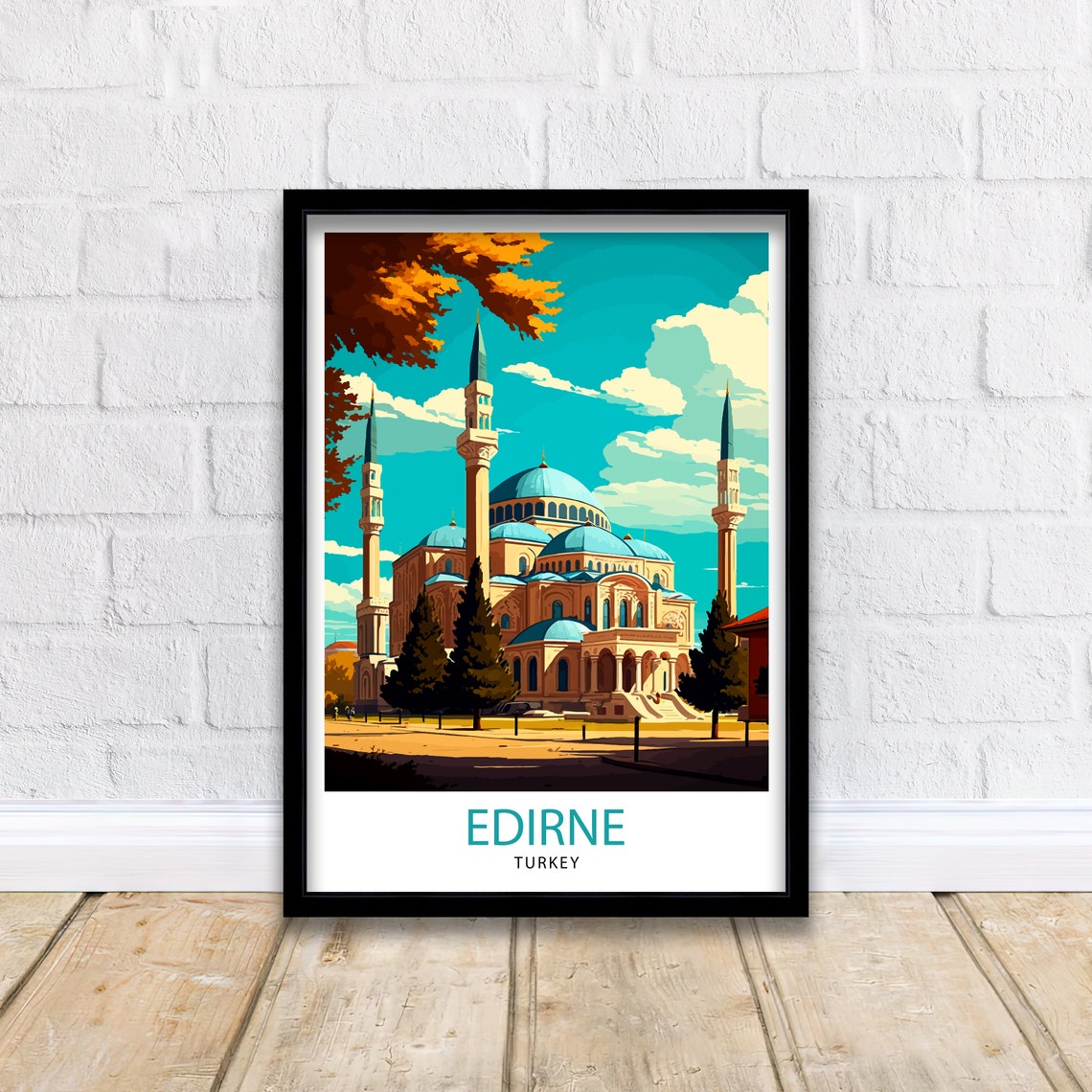 Edirne Turkey Grand Blue Domed Mosque Minarets Vintage Travel Poster - Image 2