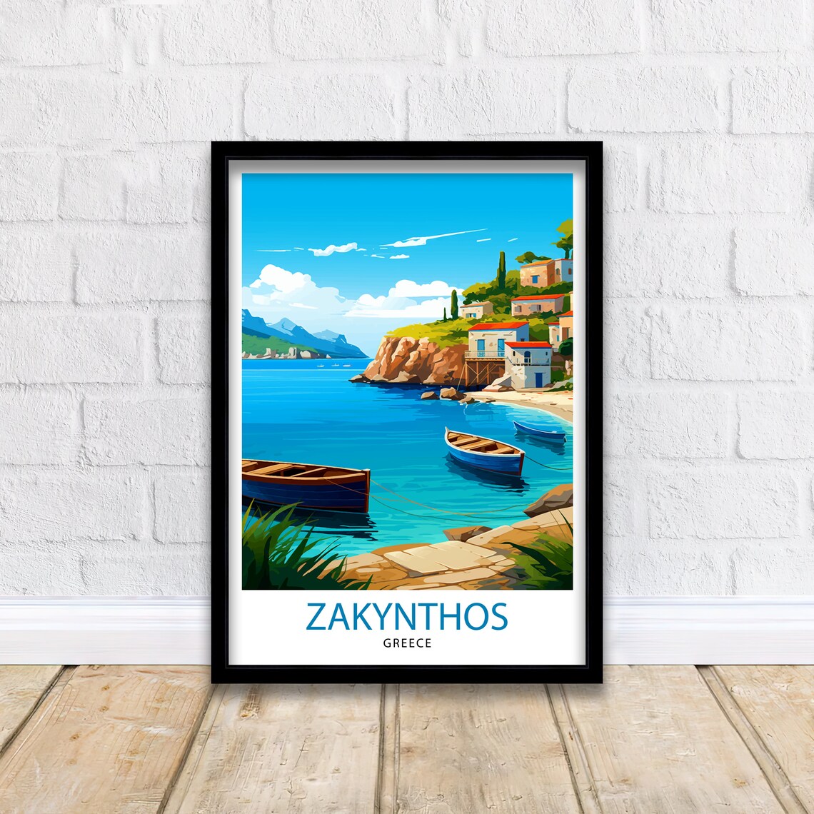 Zakynthos Greece Aegean Coastal Village Boat Scene Travel Poster - Image 2