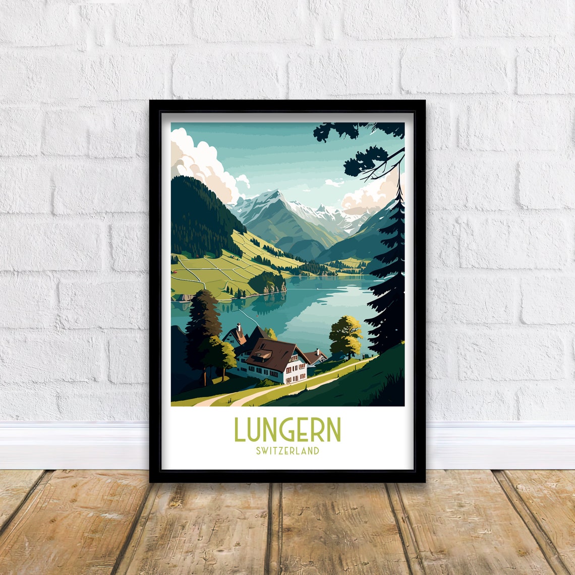 Lungern Switzerland Alpine Lake Chalet Vintage Travel Art Poster