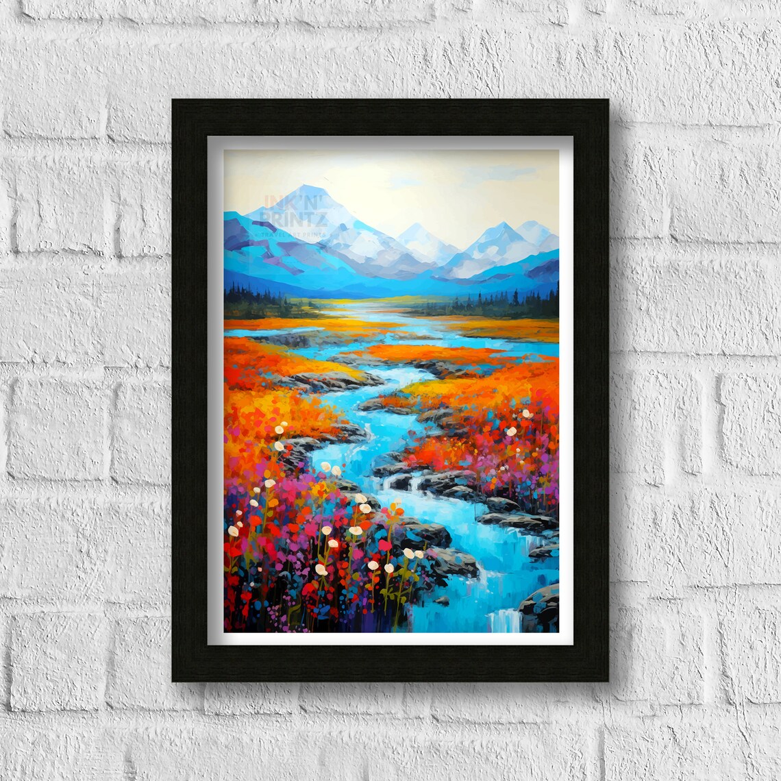 Denali Alaska Wildflower Stream Snow Capped Peaks Mountain Travel Poster - Image 3