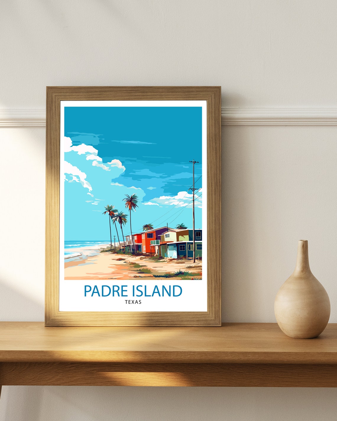 Padre Island Texas Sandy Beachfront Houses Palm Trees Poster - Image 3