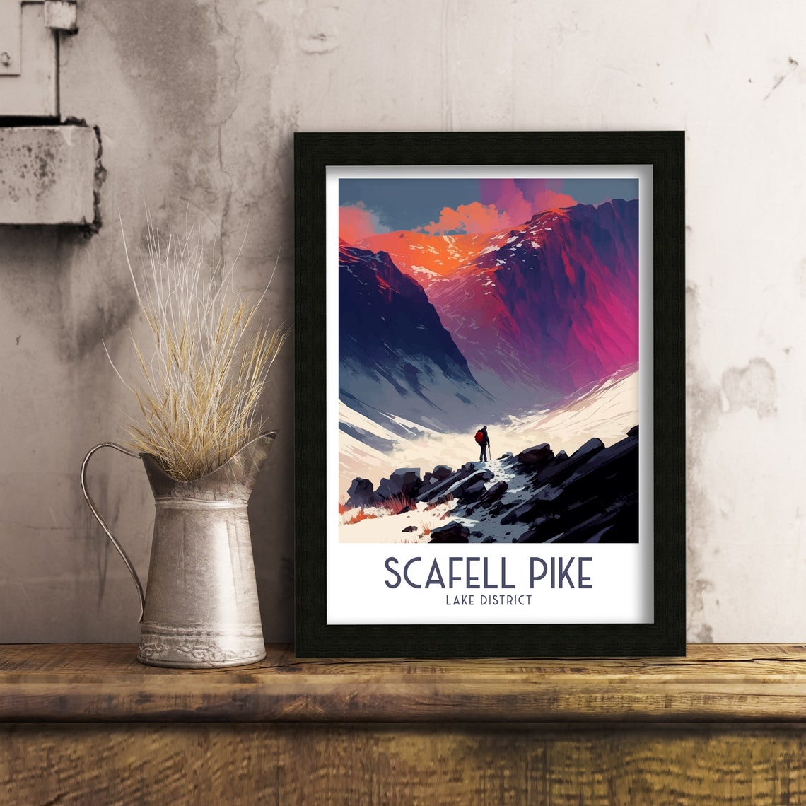 Scafell Pike Lake District Lone Hiker Mountain Sunset Travel Poster - Image 3