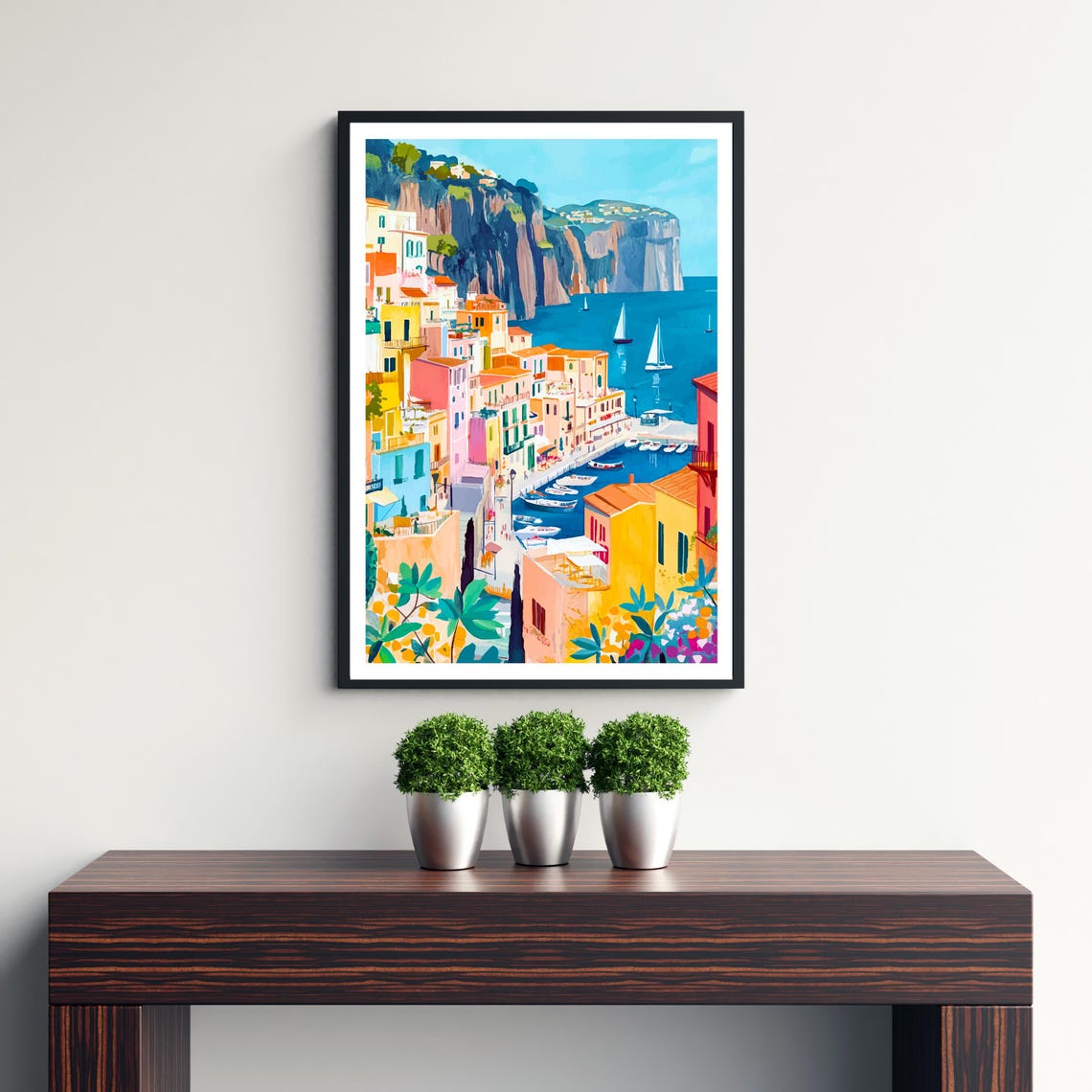 Sorrento Italy Cliffside Colorful Town Sailboats Coast Art Poster - Image 3