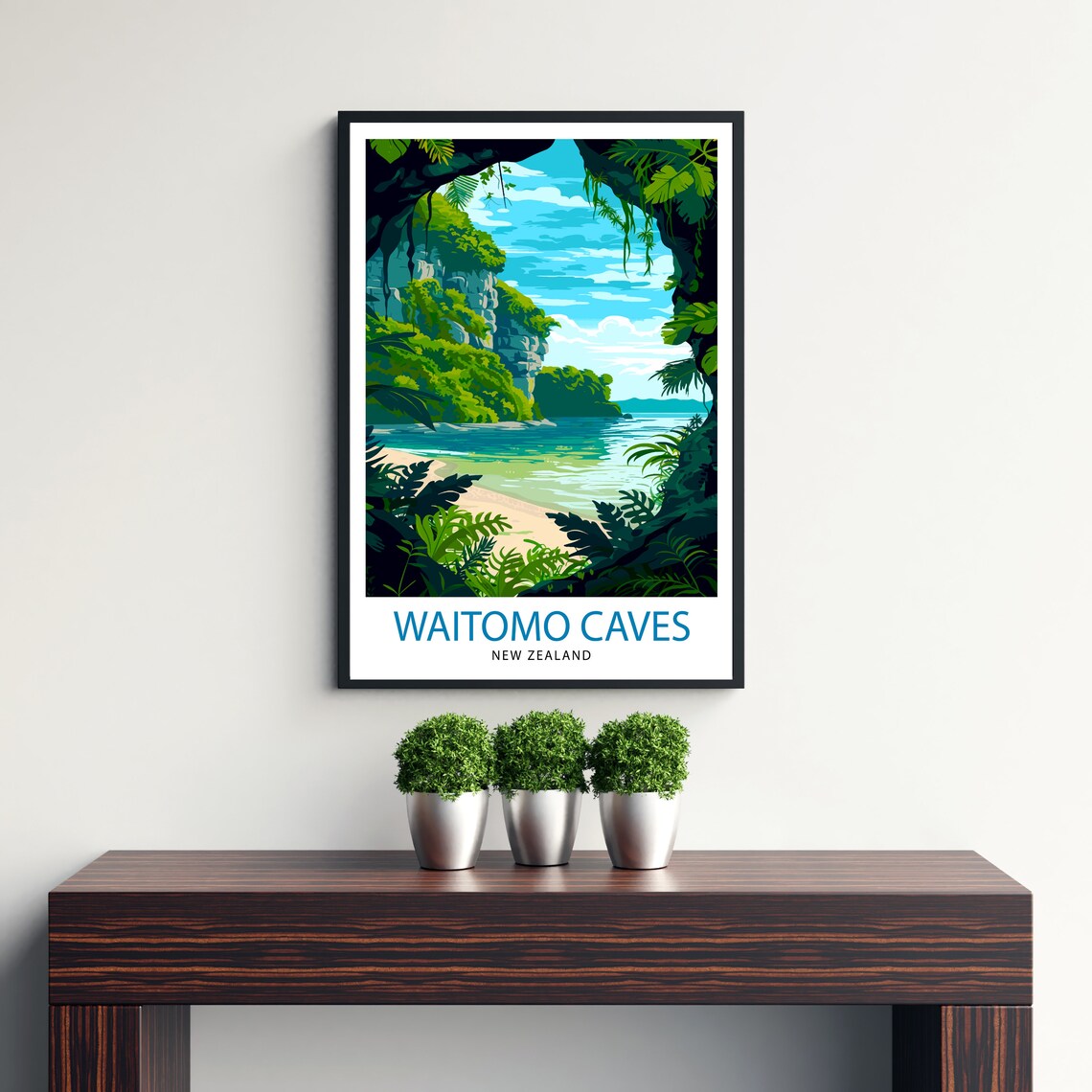 Waitomo Caves New Zealand Lush Cave Opening Beach Lagoon Travel Poster - Image 3