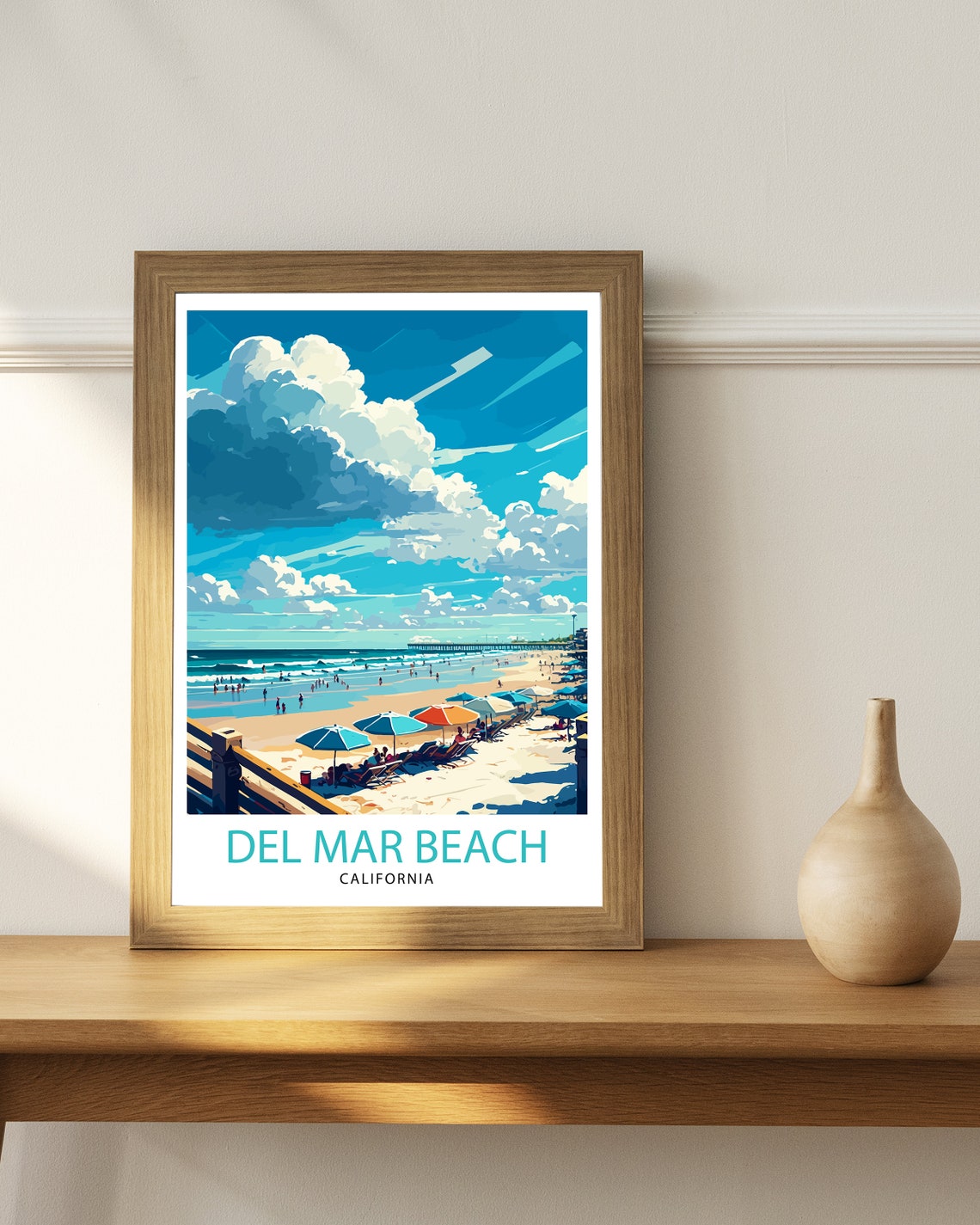 Del Mar Beach California Travel Poster With Ocean Pier Scene Art - Image 2