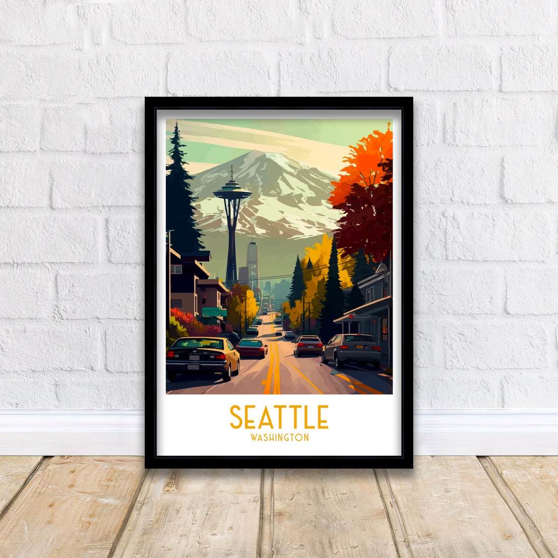 Seattle Washington Space Needle Mountain Cityscape Travel Poster - Image 2
