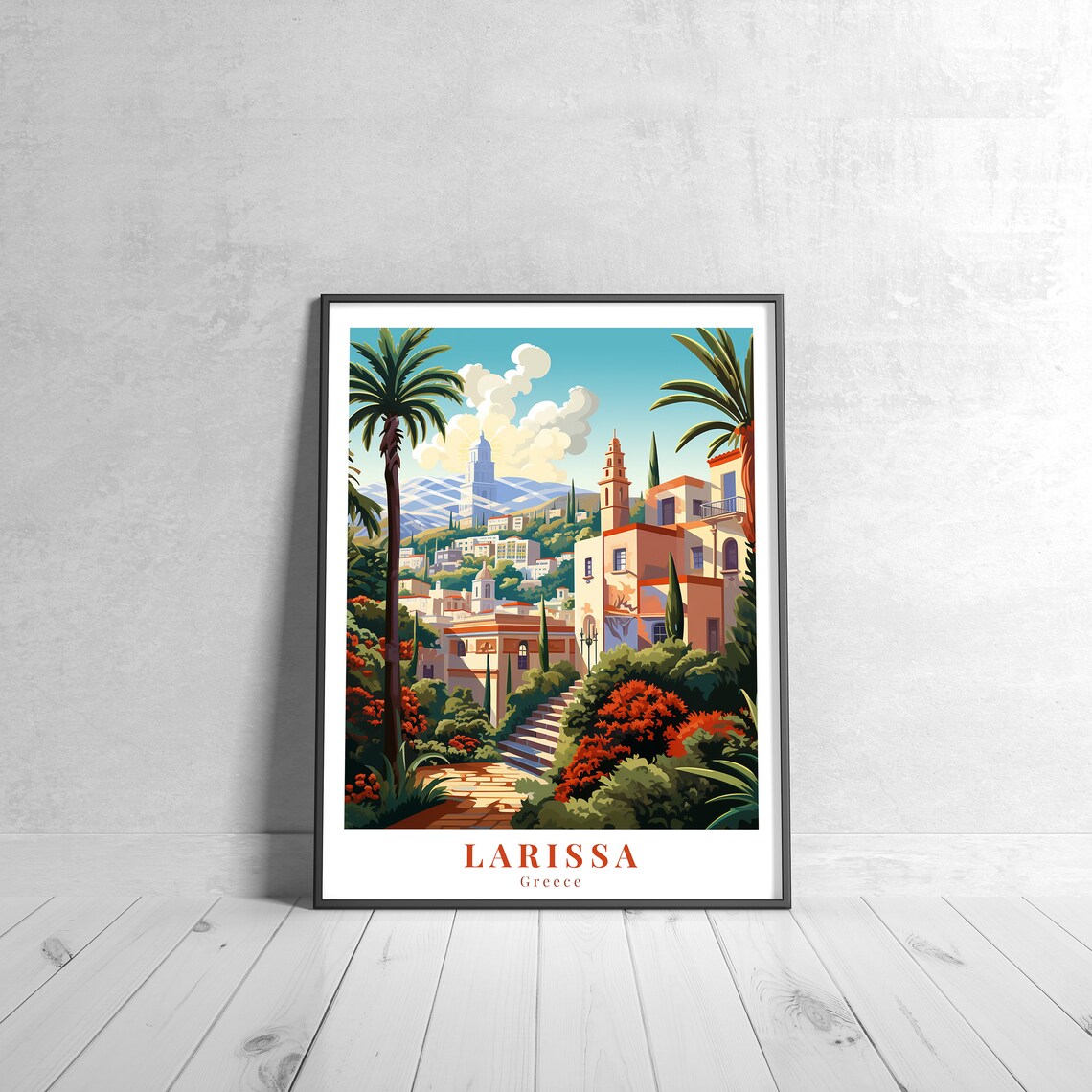 Larissa Greece Mediterranean Town Church Vintage Travel Art Poster
