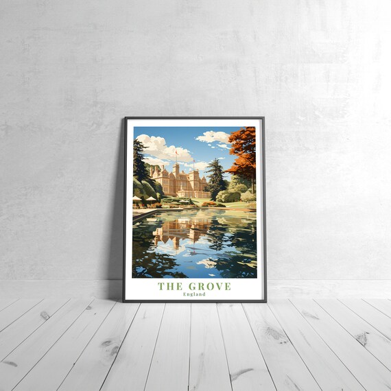 The Grove England Vintage Travel Poster Grand Estate Lake Reflection