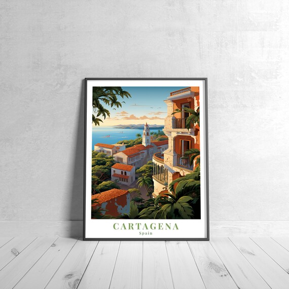 Cartagena Spain Hillside Village Sunset Vintage Coastal Travel Poster