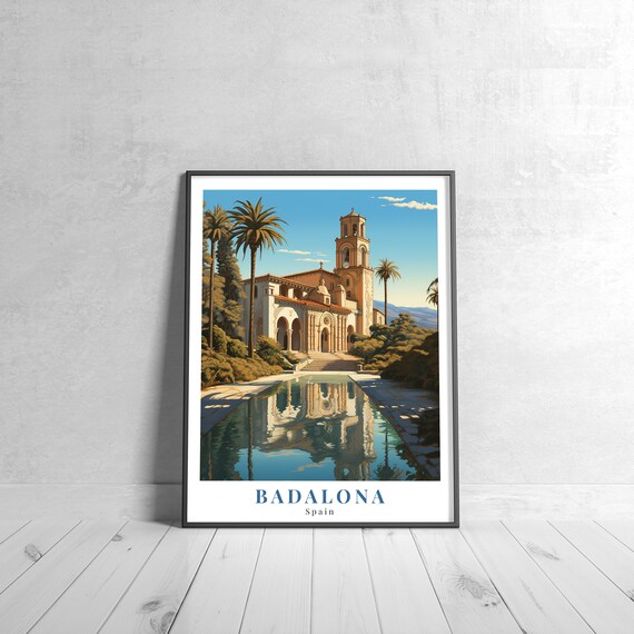 Badalona Spain Vintage Travel Poster of Courtyard Bell Tower