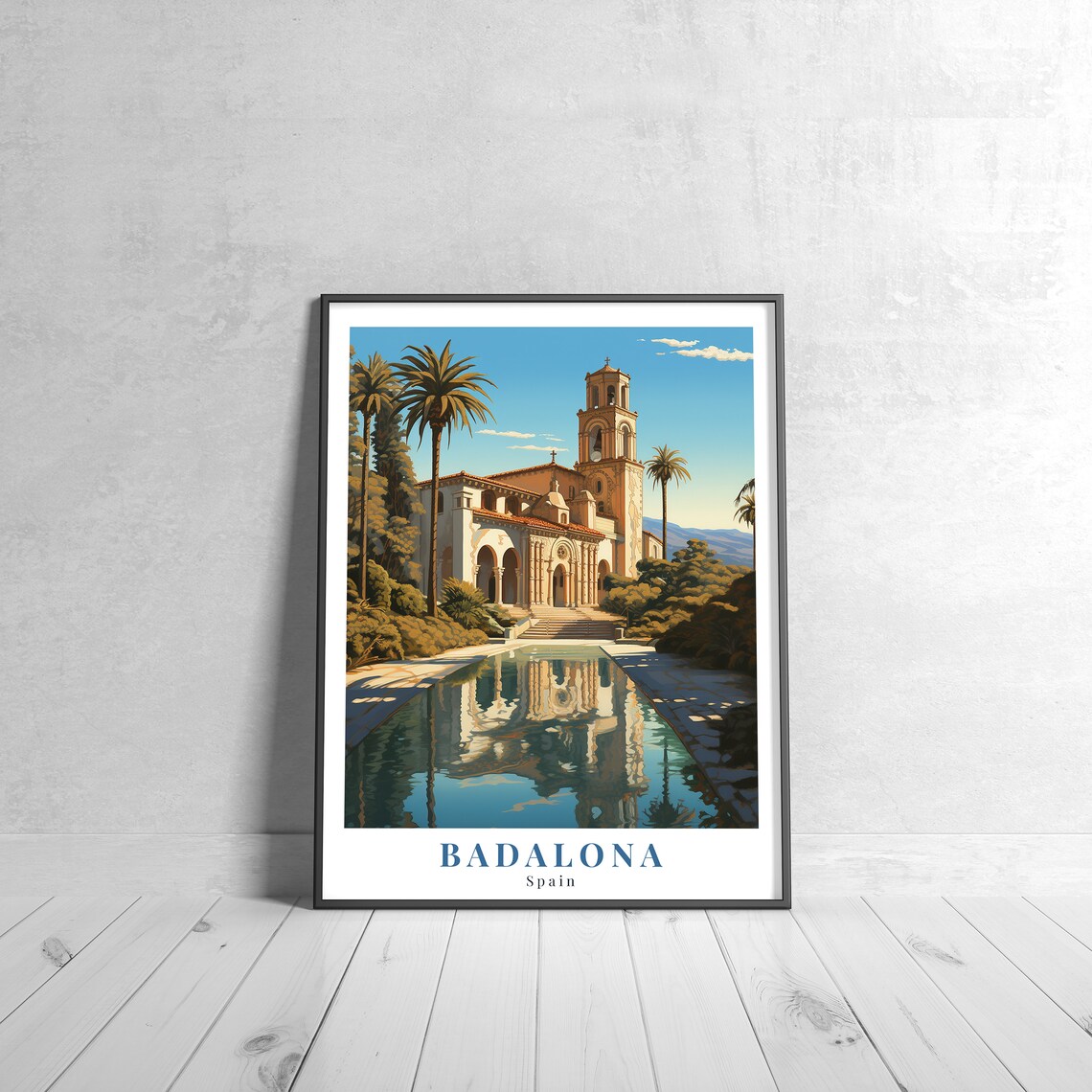 Badalona Spain Vintage Travel Poster of Courtyard Bell Tower