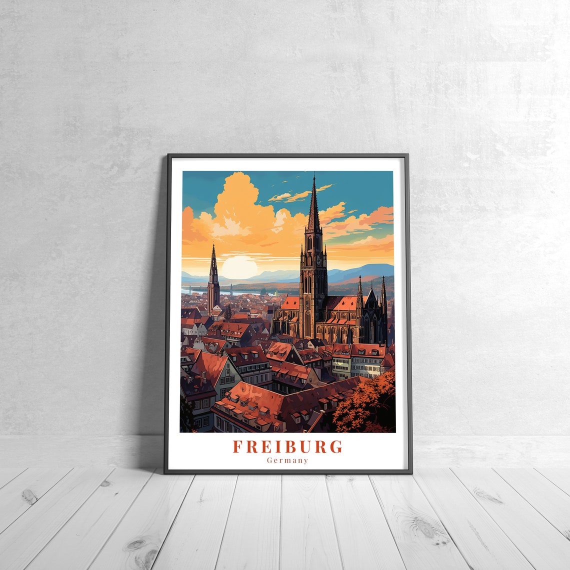 Freiburg Germany Vintage Travel Poster Cathedral Sunset View
