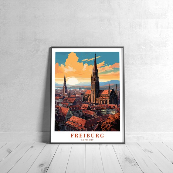 Freiburg Germany Vintage Travel Poster Cathedral Sunset View