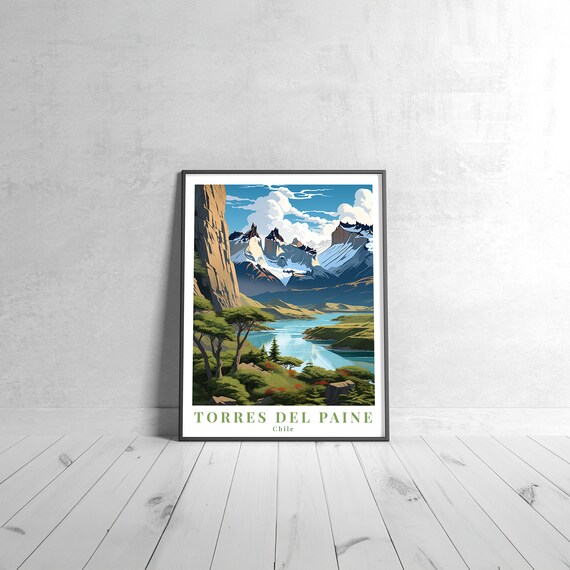Torres Del Paine Chile Travel Poster Granite Peaks Turquoise Lake Patagonia Art